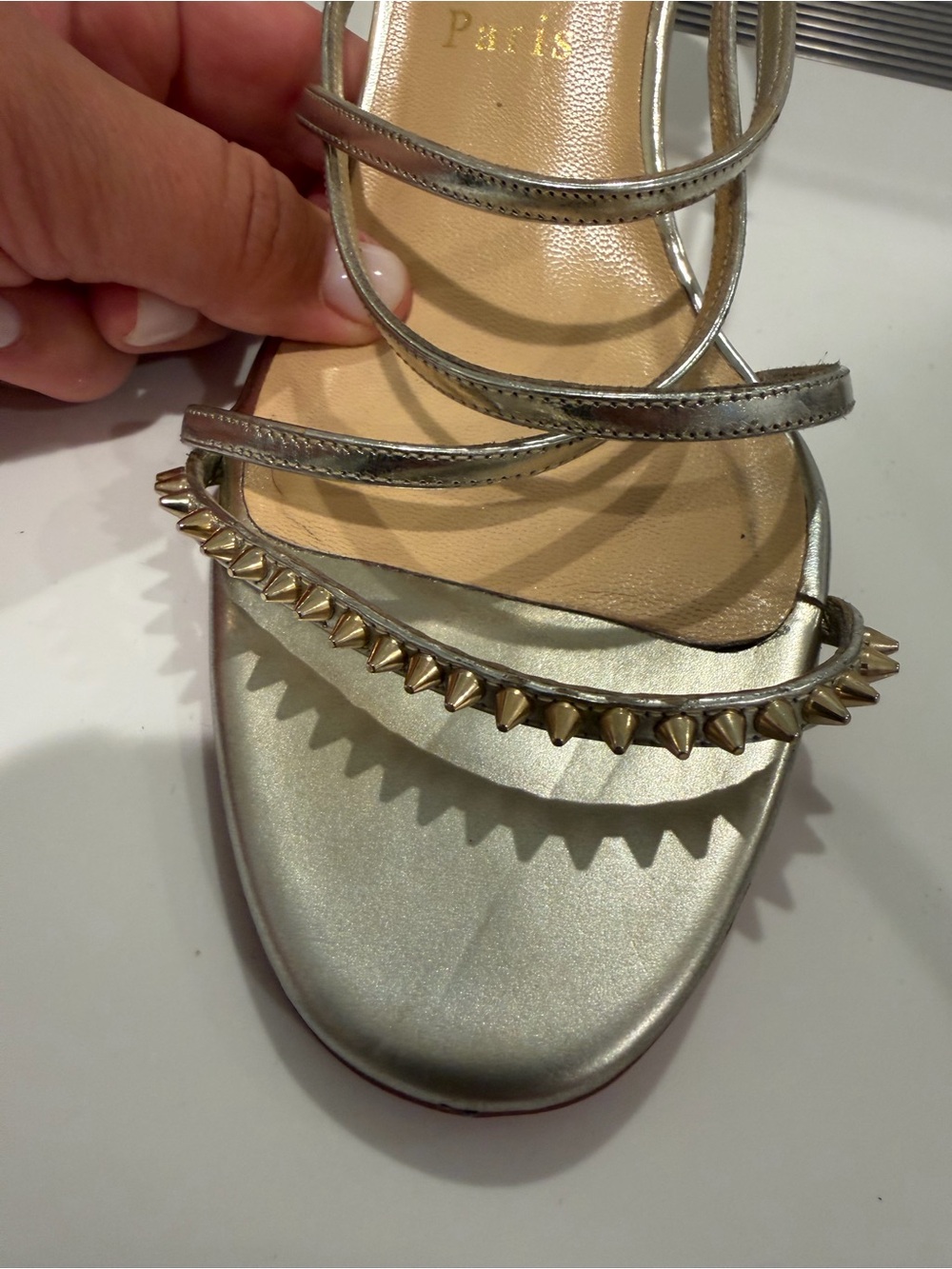 Christian Louboutin Silver Metallic Strappy Spike Sandals - Picture 6 of 9